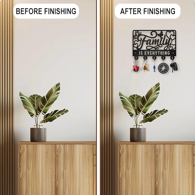 MAYJOYDIY Family is Everything Wood Key Holder for Wall 11.8x7.8inch Butterfly Heart Wall Mounted Key Hooks Coat Hanger Rack with 5 Alloy Hooks for Gift Entryway Front Door Kitchen Office Decor