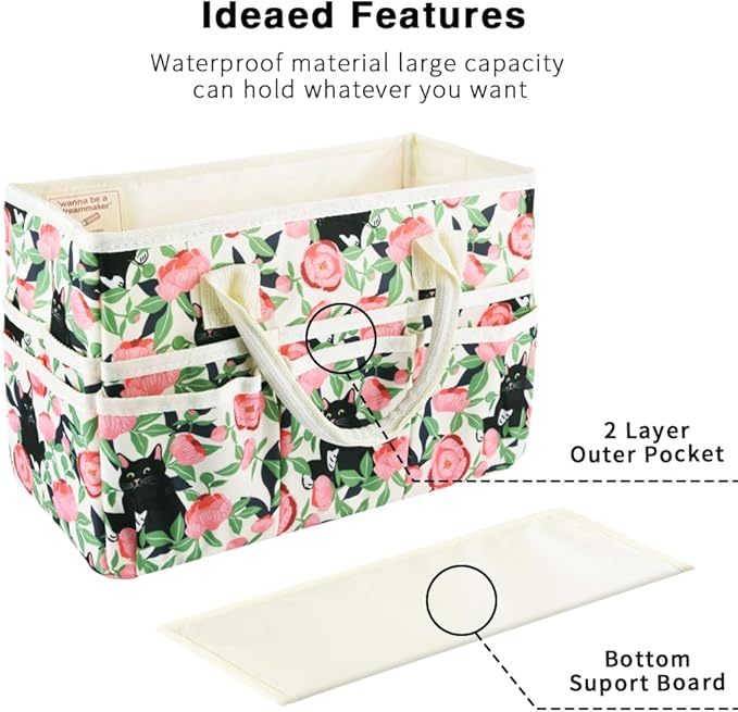 E-WEICHEN Craft Organizer Tote Bag Art Storage Caddy with Multiple Pockets Containers for Art,Craft,and Office Supplies Storage.Rose Cat