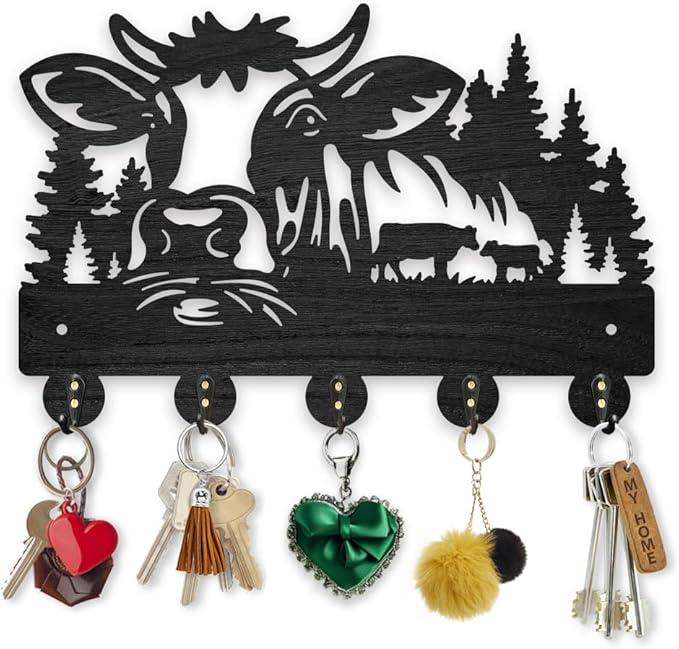 MAYJOYDIY Wood Cow Forest Coat Hooks Farm Animal Calf Tree Key Holder for Wall 11.8×7.9inch Decorative Cow Family Key Wall Hooks for Hanging 5 Alloy Hooks for Farmhouse Entryway Office Gift