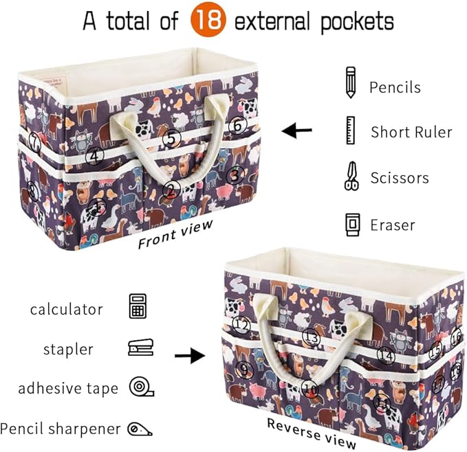 E-WEICHEN Craft Organizer Tote Bag Art Storage Caddy with Multiple Pockets Containers for Art,Craft,and Office Supplies Storage.Purple animals