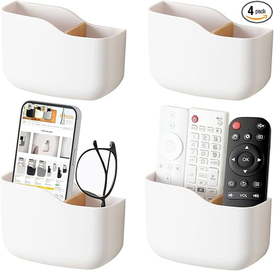 Wall Mount Remote Control Holder 4 Pack Adhesive Media Player Controller Holder White Universal TV Remote Organizer Caddy Box Tray Hollow Bottom Easy Phone Charging Home Office Desk Nightstand