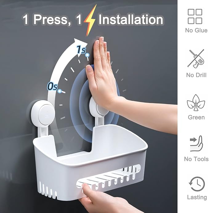 Plastic Shower Caddy Suction Cup Shower Organizer Basket Bath Shelf, Strong Suction Power Bathroom Caddies with Fence Hooks, Kitchen Rack, Waterproof, Oilproof, Reusable, for Shampoo, Gel