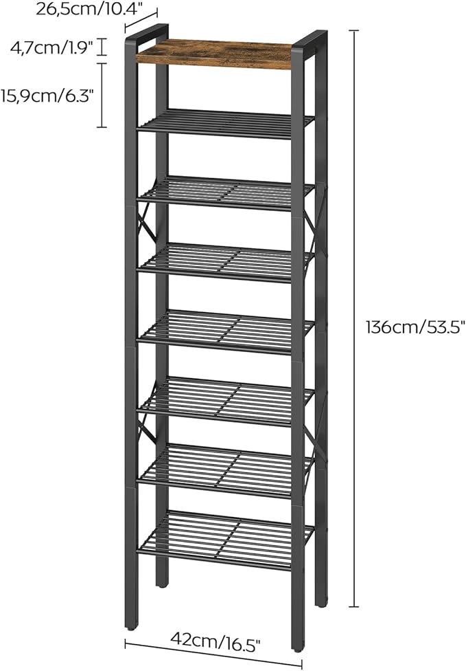 8-Tier Narrow Shoe Rack, Tall Shoe Rack for 8-16 Pairs, Slim Shoe Storage Organizer with Wooden Top, Space Saving, Metal Frame, for Entryway, Rustic Brown and Black SS608BR