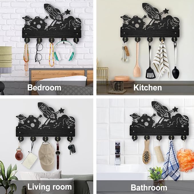 MAYJOYDIY Rocket Planet Coat Rack Wall Mount 11.8×7.9inch Wood Key Holder for Wall Key Hanger Mysterious Space Theme Key Hooks 5 Alloy Hooks Star Cloud Black Key Rack for Art Decor Entryway Gift