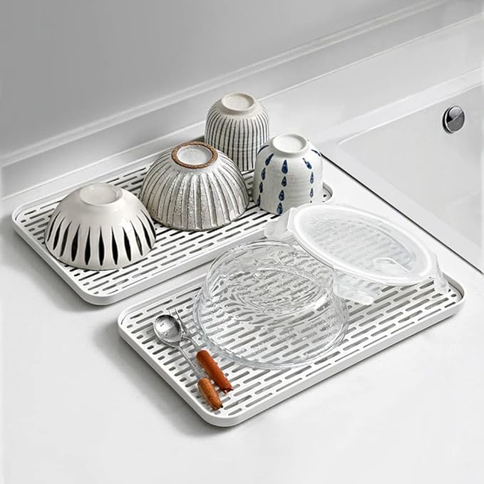 Cup Drying Rack & Dish Drying Tray, Drain Board for Small Kitchen Sink, Dish Drain Tray Large Enough for Counter or Coffee Table, Big White Dish Drying Mat