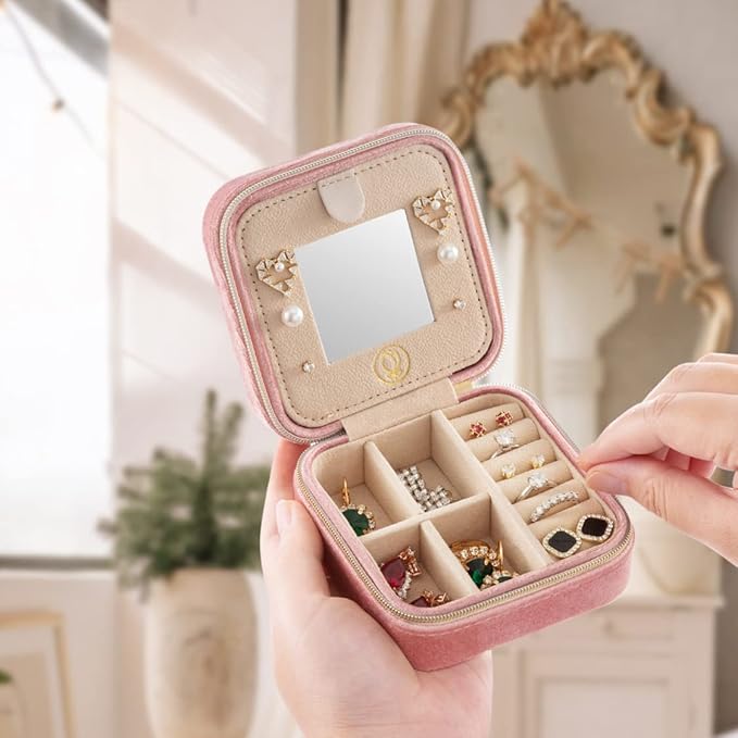 Plush Velvet Travel Jewelry Case, Travel Jewelry Organizer, Jewelry Travel Case, Travel Jewelry Box, Small Jewelry Case, Jewelry Travel Box, Earring Organizer with Mirror - Pink 4packs