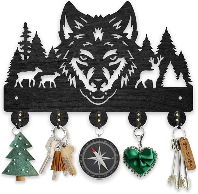 MAYJOYDIY Wooden Wolf Deer Coat Hooks Wall Mount Forest Animal Tree Key Holder Organizer 11.8×7.9inch Decorative Wildlife Wall Hooks for Hanging 5 Alloy Hooks Entryway Kitchen Office Gift