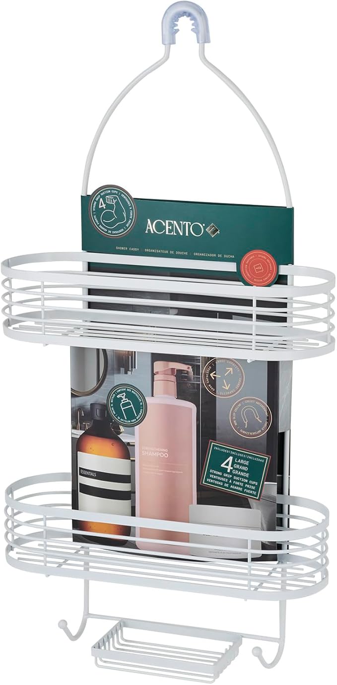 ACENTO Hanging Shower Caddy 3-Tier in Matte White, Bathroom Shower Organizer with Hooks & Suction Cups, and Soap Basket