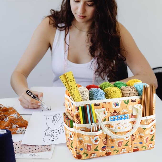 E-WEICHEN Craft Organizer Tote Bag Art Storage Caddy with Multiple Pockets Containers for Art,Craft,and Office Supplies Storage.Yellow Teapot