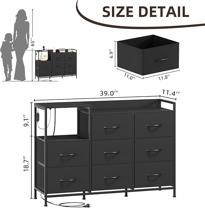 Somdot Dresser with Charging Station and Open Shelves,Dresser for Bedroom with 8 Storage Drawers,Storage Cabinets Organization Units for Living Room, Hallway,Sturdy Metal Frame,Wood Top,Black