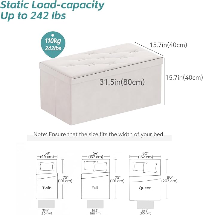 BRIAN & DANY Folding Storage Ottoman Bench, Ottoman with Storage, Foot Rest, Benches Seat for Bedroom, Living Room, Entryway, Long Shoes Bench, 15.7" x 31.5" x 15.7" White