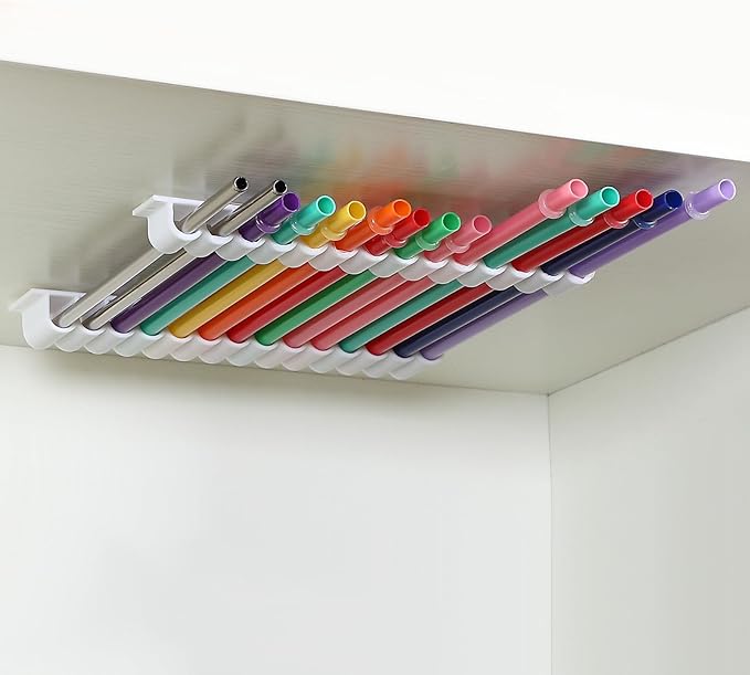 Baderke Straw Holder for Cabinet Reusable Straw Organizer with Double Sided Adhesive Tape Screws Storage Container for Kitchen Counter Cupboard(White,Classic)