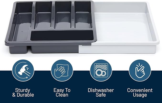 RoyalHouse Premium Cutlery Drawer Organizer, Expandable Utensil Holder And Organizer, 6-Compartments, Compact BPA-Free Plastic Storage for Spoons Forks Knives, Silverware Organizer (Pack of 2)
