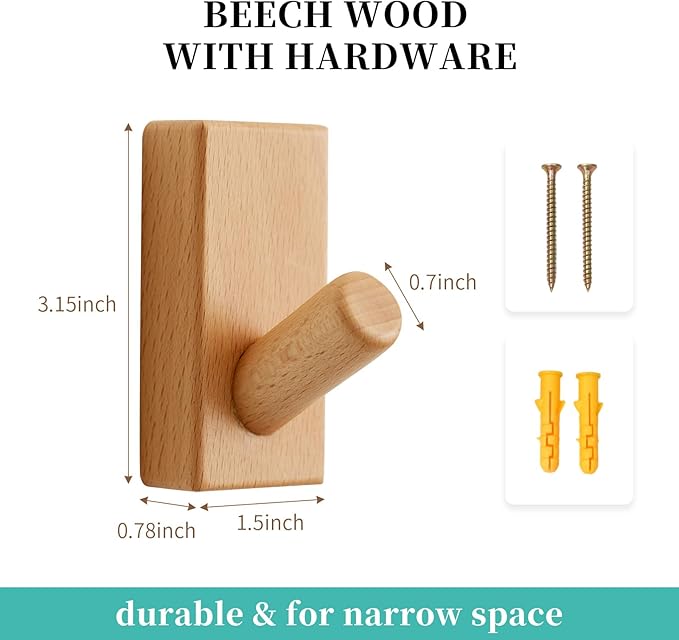 Beech Wood Coat Rack, 4 Pack Coat Hooks Mounted Rustic Wooden Wall Hooks Entryway Rack for Clothes Hats Towel Purse Robes, Bathroom Mudroom Bedroom