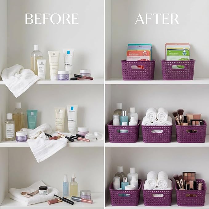 Dark Purple Organizing Baskets, Stackable Pantry Organizers and Basket Set of 12, Plastic Storage Baskets for Shelves, Classrooms, Kitchens, Laundry Room, Bathrooms and Bedrooms