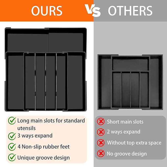Large Kitchen Silverware Organizer - Expandable 17.2" x 17.9" Adjustable Drawer Tray, 4-7 Compartments for Maximum Storage, BPA-Free, Black,L