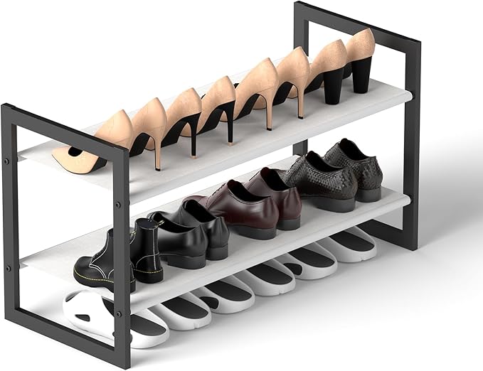 2-Tier Shoe Rack for Closet & Entryway, Stackable Shoe Organizer, Screw-Fastened Metal Frame for Less Wobble, Heel-Friendly Non-Woven Shelves, 11.8" Deep Space-Saving Shoe Storage (Black)