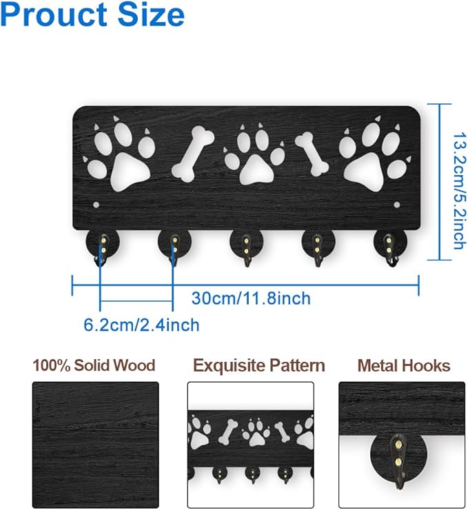 MAYJOYDIY Paw Print Wall Key Holder with 5 Hooks - 11.8x5.2 Inch Wood Dog Key Rack for Leash Entryway, Animal Theme Home Decor