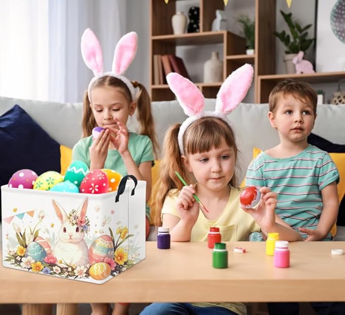 Rectangular Easter Kids Storage Gift & Toy Bin Organizer Shelf Book Basket Room Decor (Flag Easter Bunny)