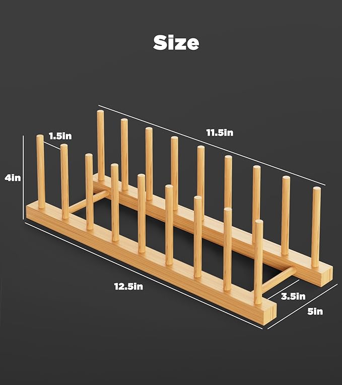 Bamboo Dish Drying Rack, 2-Pack Plate Organizer for Kitchen Cabinet, Vertical Plate Holders with 8 Compartments