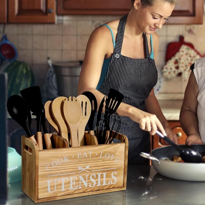 Kitchen Utensil Holder for Countertop, Large Solid Wood Farmhouse Cooking Utensils Organizer for Kitchen Counter, 3 Compartments Utensil Spoon Holder Tool Storage for Home Decor (Burned wood)
