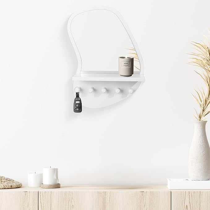 SANY DAYO HOME Wall Mount Wood Frame Irregular Mirror with 5 Wooden Hooks and Shelf, Modern Decorative Hanging Mirror for Entryway, Bedroom, Living Room (16″ x 12″, White)