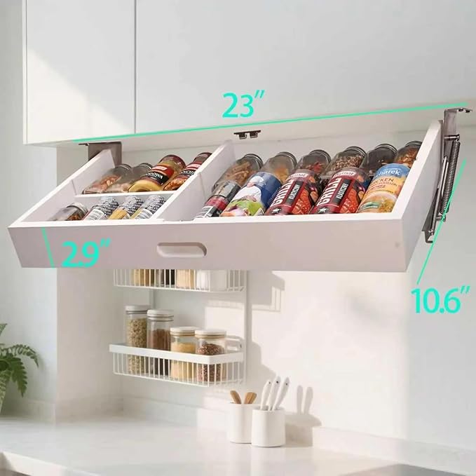 Pull Down Under Cabinet Spice Rack, Kitchen Storage Organizer, Counter Space Shelf (Spice rack M)