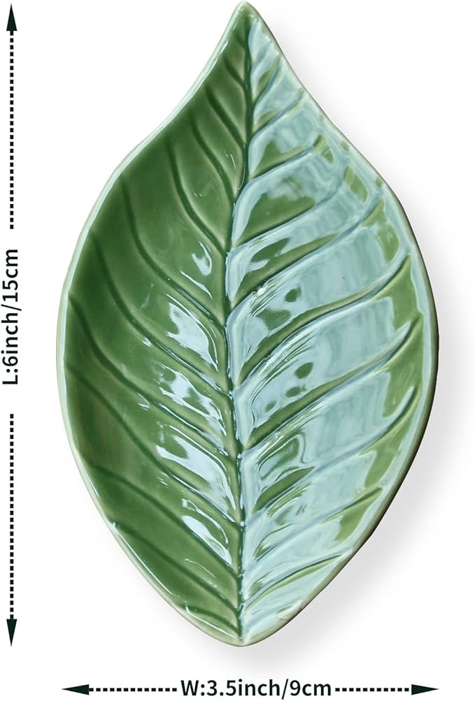 Jewelry Dish Trinket Tray for Women, Ring Dish Holder, Unique Leaf Shape Ceramic Plate Cute Things Vanity Aesthetic Room Decor Mother's Day Birthday Christmas Warm House Gifts (Green)