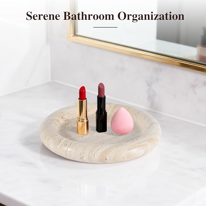 Natural Beige Travertine Vanity Tray - 8 Inch Round Stone Makeup & Jewelry Organizer Dish, Decorative Marble Tray for Bathroom Countertop, Coffee Table, Bedroom