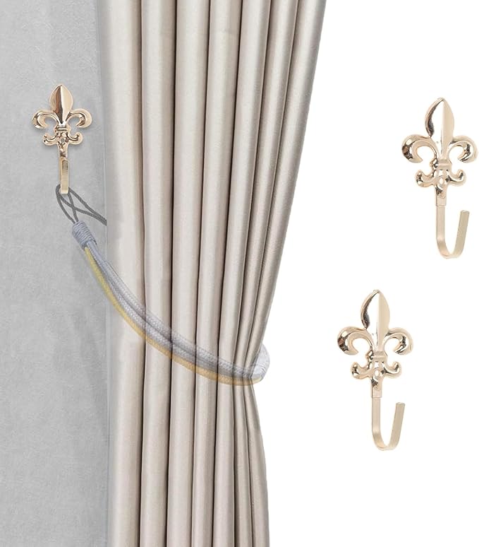 4 Pack Vintage French Fleur De Lis Decorative Wall Hooks, Heavy Duty Metal Curtain Tie Backs for Hanging Coats, Towels, and Robes, Wall Mounted Hangers for Entryway & Bathroom (Gold)