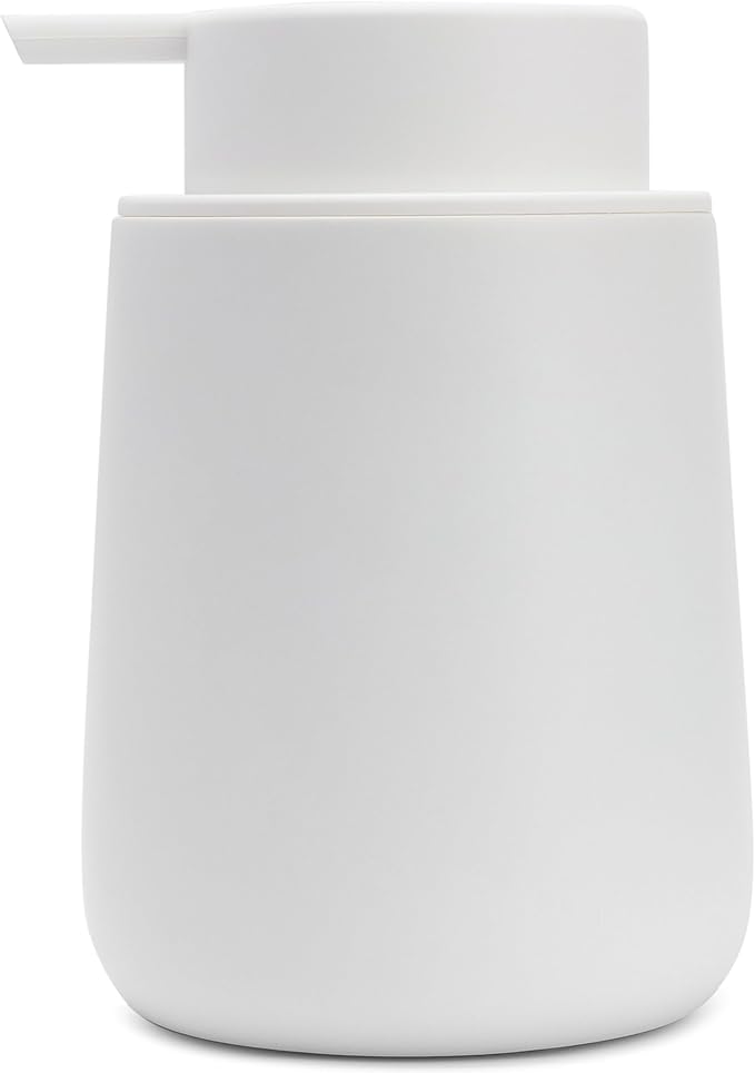Matte White Round Soap Dispenser for Kitchen & Bathroom – 9 oz Refillable Resin Pump Bottle for Dish Soap, Hand Soap, Shampoo, Conditioner – Modern Countertop Dispenser with Non-Slip Protective Pads