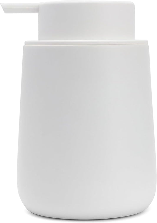 Matte White Round Soap Dispenser for Kitchen & Bathroom – 9 oz Refillable Resin Pump Bottle for Dish Soap, Hand Soap, Shampoo, Conditioner – Modern Countertop Dispenser with Non-Slip Protective Pads