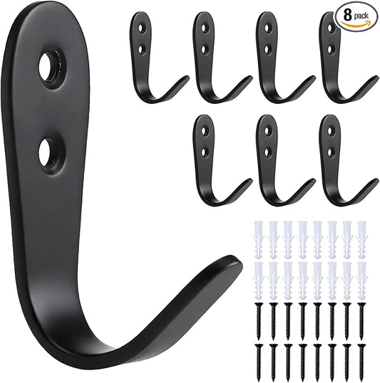 Stainless Steel Hooks for Hanging, Heavy Duty Hook, Wall Hooks Key Holder Wall Mount Hanger Coat Hook Garage Storage Screw Utility Hooks, 8 Pack (Black)