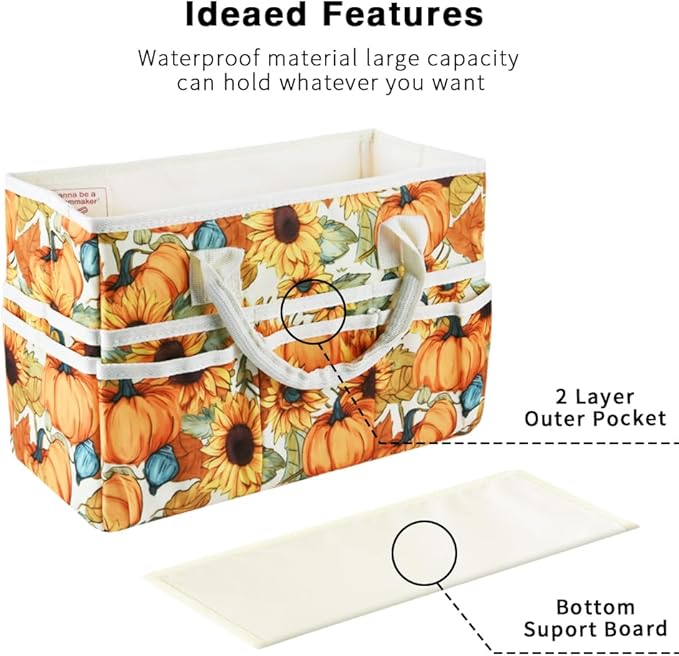 E-WEICHEN Craft Organizer Tote Bag Art Storage Caddy with Multiple Pockets Containers for Art,Craft,and Office Supplies Storage.Pumpkin Flower
