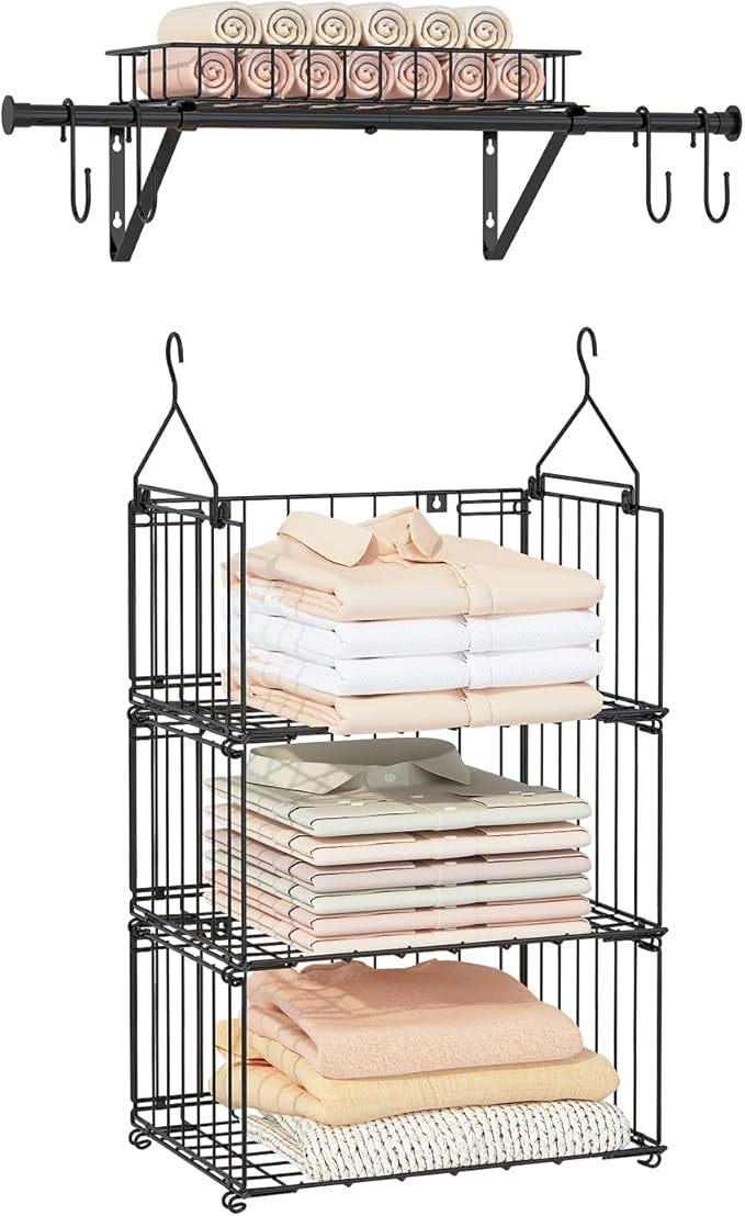 bukfen 3 Tier Hanging/Wall Closet Organizer with 4 Hooks,Stackable Closet Organizers and Storage Shelves,Foldable Wire Clothes Shelf,Hanging Laundry Basket Organizer，1 Pack