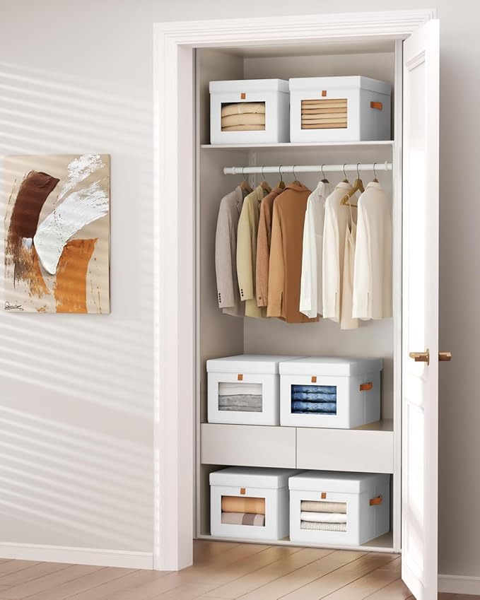 Storage Bins with Lid – Closet Organizer with Side Opening and Clear Window, Foldable Stackable Fabric Basket for Clothes, Home, Office - 13.77" x 11.8" x 9.8", 5 Pack, White