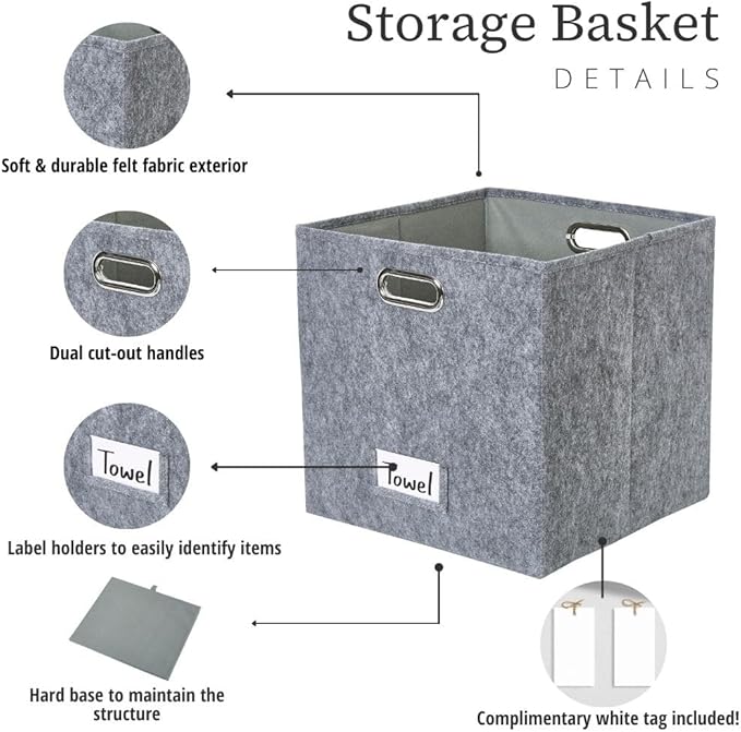 DECOMOMO Felt Storage Bins, 13 inch Cube Storage Bins with Labels for Organization (Cube 13" / 4pcs, Dark Grey)