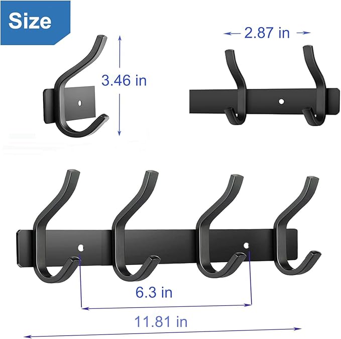 Wall Hooks, 12 Inch Coat Rack Wall Mount with 4 Hooks, Black Wall Hooks for Entryway, Bathroom - for Hanging Backpack, Bag, Coat, Purse, Hat, Towel, Clothes,2 Packs
