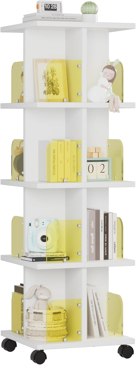 VECELO 4 Tier Rotating Bookshelf, 360Â°Corner Display Shelf with Wheels, Book Storage with Acrylic Windows, Wood Narrow Book Shelf Organizer for Small Space, Bedroom, White