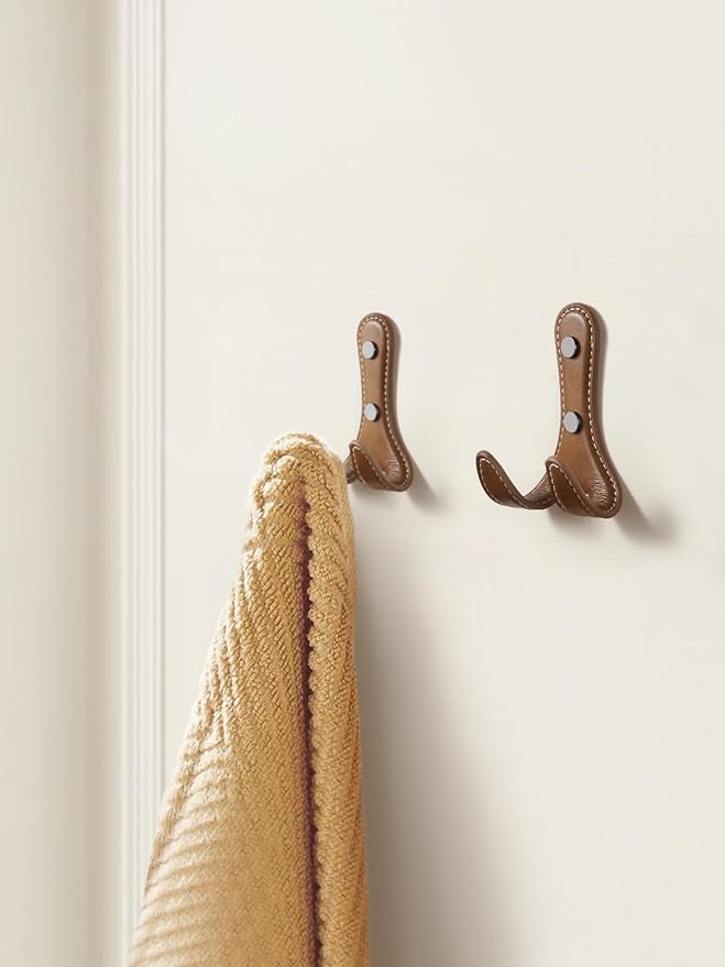 2 Pack Brown Leather Coat 2 Hooks Wall for Hanging Round Coat Hooks for Hanging Robe Towels Bags Hats Scarf Keys Clothes Suitable for Bedroom, Entryway and Closet