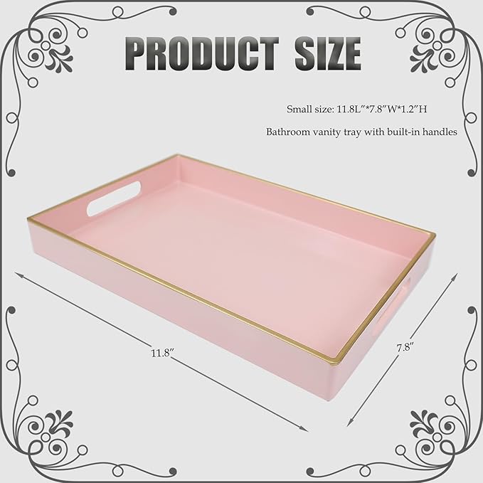 Spsyrine Pink Bathroom Vanity Tray with Handles for Dresser Tops, Countertop, Perfume Decorative Tray, 11.8â * 7.87â *1.37â