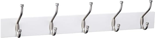 Amazon Basics Rectangular Farmhouse Wall-Mounted Coat Rack for Entryway and Bedroom, Storage Organizer, 5 Hooks, White