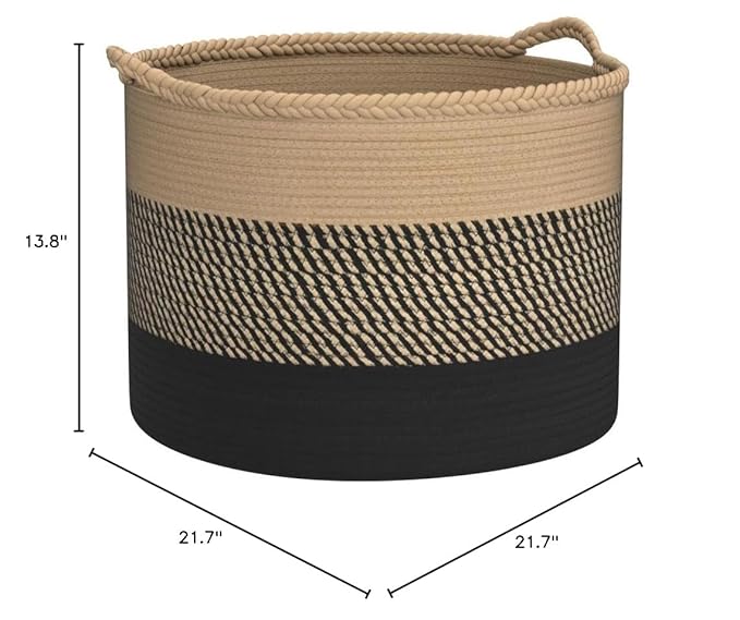 COMSE Extra Large Blanket Basket, Woven Laundry Basket, 21.7âx 13.8â, Nursery Hamper, Cotton Rope Laundry Hamper Living Room for Storage Toys Clothes Towels (Brown & Black)