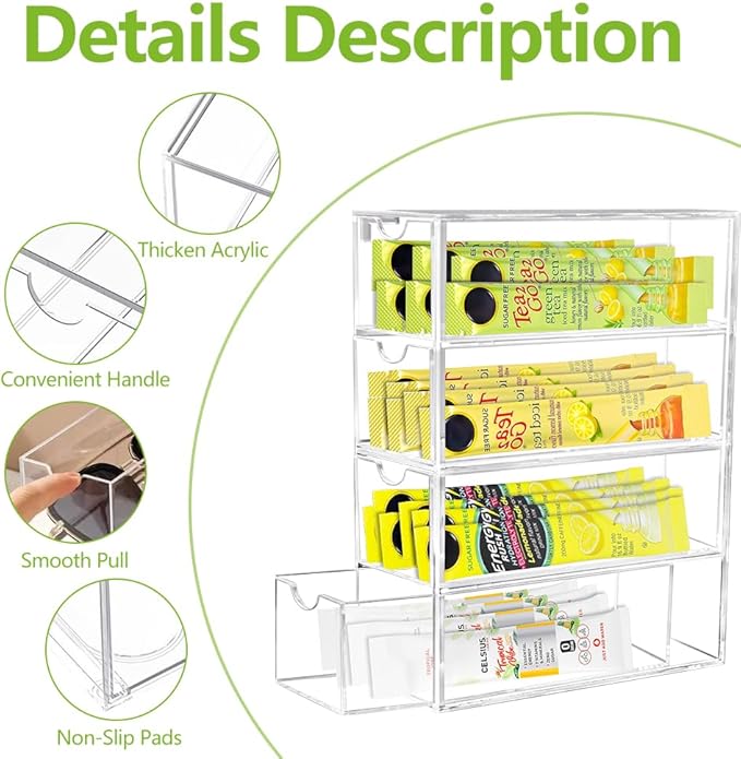 2 Pack Drink Packet Organizer, Acrylic Drink Mix Holder with 4 Clear Drawers Water Flavor Packets Container for Kitchen Pantry Home Organization (2 Pack)