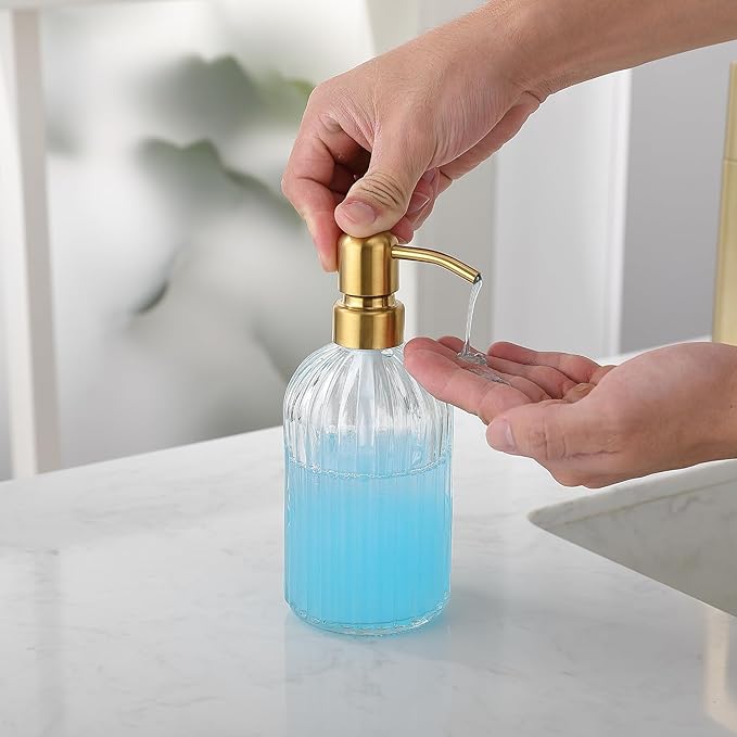 Gold Glass Soap Dispenser with Rust Proof Metal Pump, Vintage & Antique Design, 16oz Clear Glass Dish Soap Dispenser for Bathroom & Kitchen, 2 Packs