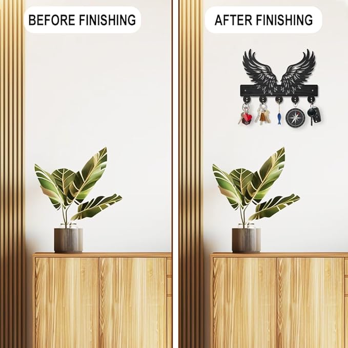 MAYJOYDIY Wing Feathers Wood Key Holder for Wall Angel Wings Wall Mounted Key Hooks 11.8×7.9inch Coat Hanger Rack with 5 Alloy Hooks for Entryway Front Door Kitchen Office Decoration