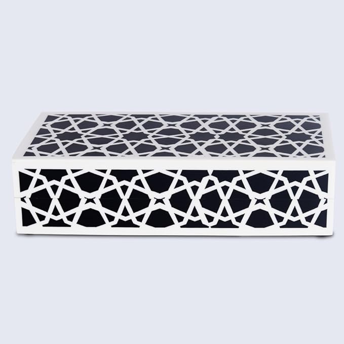Handicrafts Home Decorative Storage Box with Lid– Black and White Box, Coffee Table Remote Control Organizer, Geometric Keepsake Box for Living Room, Shelf & Hallway Decor – Moroccan Zellij 10x4.5x2.5