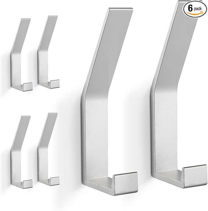 Coat Hooks Wall Mounted, 6 Packs Wall Hooks for Hanging Clothes, Coat, Towel, Rope, Keys, Hats, Purse, Wall Hangers for Kitchen, Bathroom, Door, Cabinet, Hallways, Bedrooms (Silver, 6 Packs)