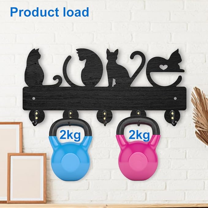 MAYJOYDIY Wood Love Cat Coat Rack Wall Mount 11.85.4inch Cat Love Heart Key Holder 5 Alloy Hooks Animal Theme Wall Key Rack for Gift Front Door Hallway Art Decor