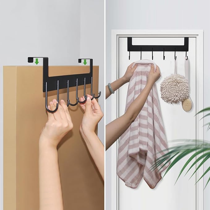 Over The Door Hooks, Over The Door Hanger, Heavy Duty Metal Over The Door Towel Rack, Door Hooks for Hanging Coat, Towel, Bag, Robe - 6 Hooks(Matte Black 2Pcs)